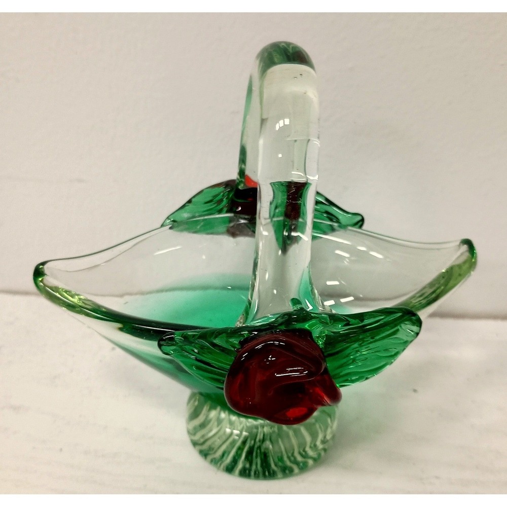 Vintage Murano Art Glass Basket Green Red Rose Hand Blown Mid Century Modern
